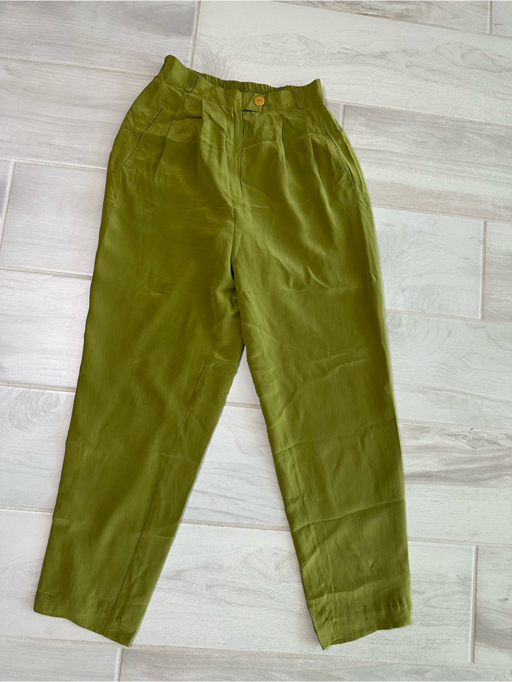 LIA L.A. Exchange Silk Olive Green High Waist Pants Lined Elastic Back Sz M Vtg